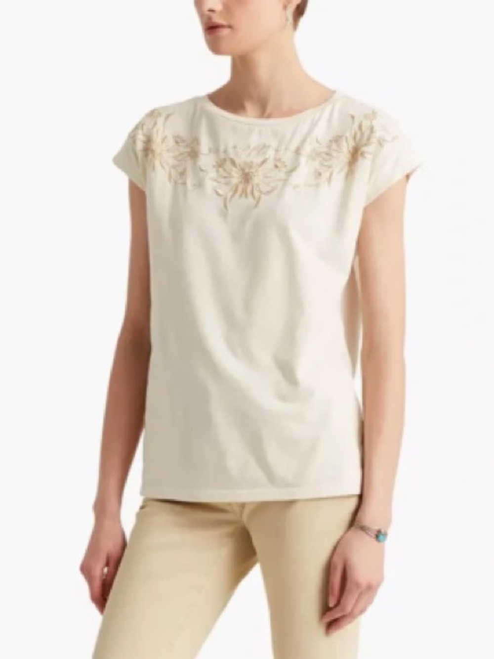 Lauren Ralph Lauren PM Ivory Floral Embroidered Cotton Modal Top Cream